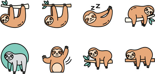 Fototapeta premium Set of Cute Sloth Character Icons, Flat Vector Illustrations of Lazy Sloth Sleeping and Hanging for Wildlife Nature Design