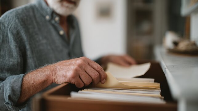 Elderly man with a white beard and a gray shirt, holding a stack of papers in his hand. he is standing in front of a wooden desk with a blurred background.