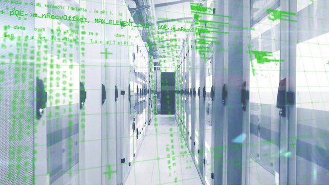 Steady shot pausing server corridor while grid overlay rising and code streams simulating data scan