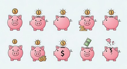 Piggy banks with coins and money