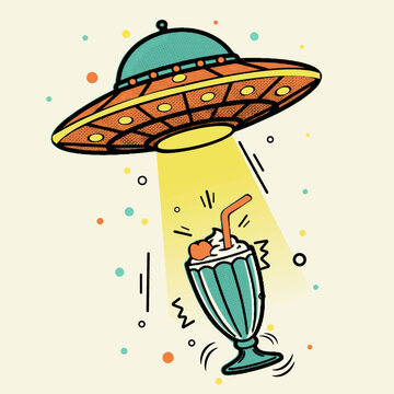 Halftone pop art dot alien spaceship beaming up sweet milkshake food concept vector illustration