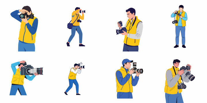 A collection of vector illustrations showing a professional photographer taking photos, adjusting equipment, and working, isolated on white.