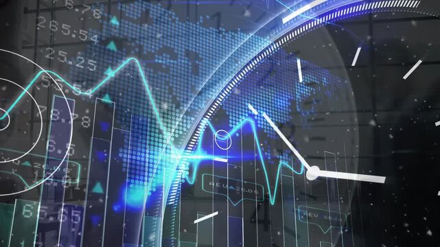 Animation of data processing over clock and people walking