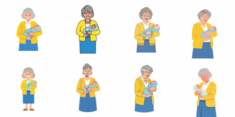 Fototapeta premium Happy grandmother holding a newborn baby set of illustrations, depicting family love, tenderness, and intergenerational connection on a white background.