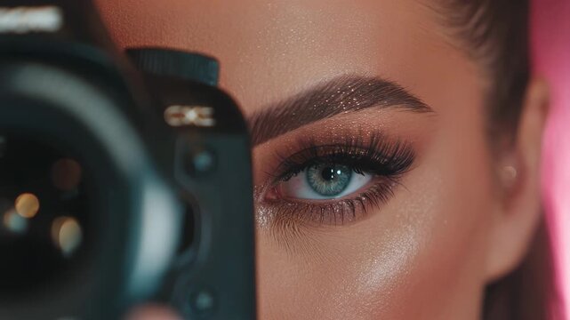 Close Up of Beautiful Female Eye Looking into Camera Lens while Filming Makeup Tutorial