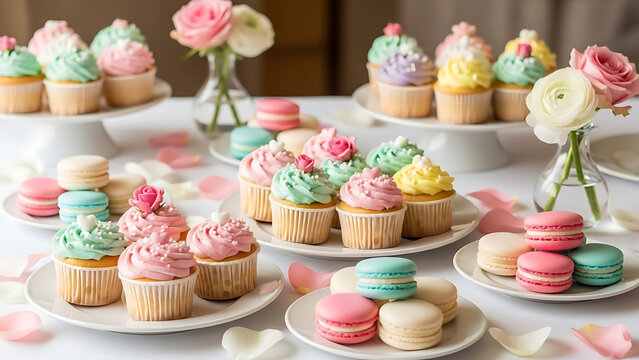 Colorful cupcakes and macarons on plates with flowers sweet treats for party celebration Ai Generated