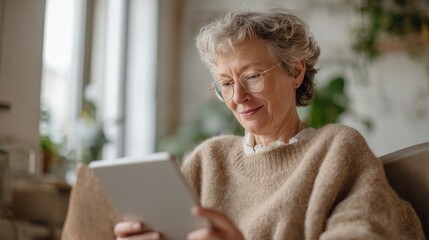 Obraz premium Elderly woman sitting on a couch and using a tablet. she is wearing a beige sweater and has short, curly hair. the woman is smiling and looking at the screen of the tablet.