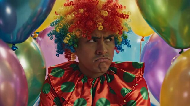 Grumpy clown with colorful wig and polka dot costume amidst cheerful balloons