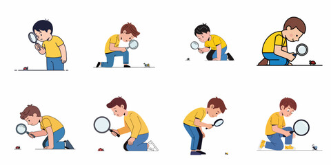 Fototapeta premium Cartoon set of boys examining insects with magnifying glass, portraying curiosity, exploration, and nature study in childhood education.