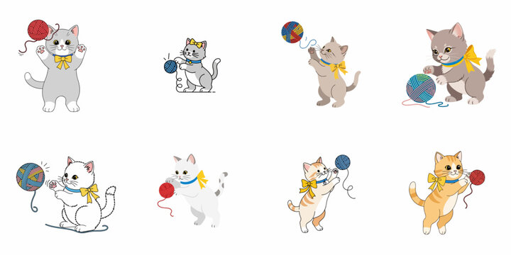 Adorable cartoon kitten characters playing with colorful yarn balls. A charming set of diverse cats in various playful poses, isolated on white.