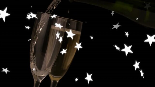 Animation of falling stars over glasses of champagne on dark background