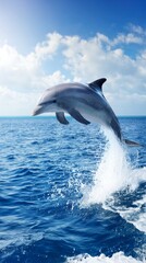 Naklejka premium dolphin. Dolphin leaping from ocean water, splash in mid-air, natural sunlight. wildlife magazines, conservation campaigns, designed for nature documentaries and education. 
