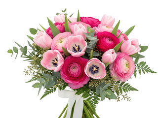 Delicate pink bouquet with tulips and ranunculus isolated on transparent background