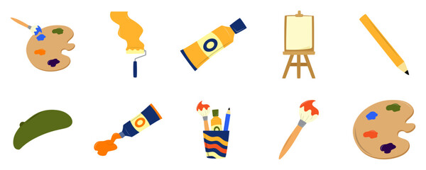 Set of Art Supplies Icon on White Background