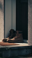 threshold, footwear, labor, boots, transition, door, construction, dirt, utility, work, outdoor, modern, step, clean, home, muddy, worn, contrast, entrance, protection