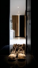 threshold, footwear, labor, boots, transition, door, construction, dirt, utility, work, outdoor, modern, step, clean, home, muddy, worn, contrast, entrance, protection