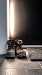 threshold, footwear, labor, boots, transition, door, construction, dirt, utility, work, outdoor, modern, step, clean, home, muddy, worn, contrast, entrance, protection