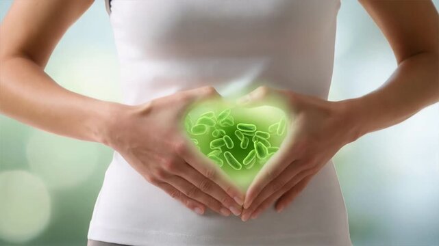 A person forms a heart shape with hands on their stomach, symbolizing gut health and wellness.