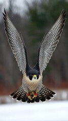 tucked. Peregrine falcon in a steep dive over a snowy field with motion blur in background. wildlife magazines, conservation campaigns, designed for wildlife conservation campaigns.
