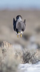 tucked. Peregrine falcon in a steep dive over a snowy field with motion blur in background. wildlife magazines, conservation campaigns, designed for wildlife conservation campaigns.
