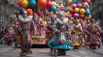 Colorful parade featuring costumed performers and cheerful balloons in an outdoor setting