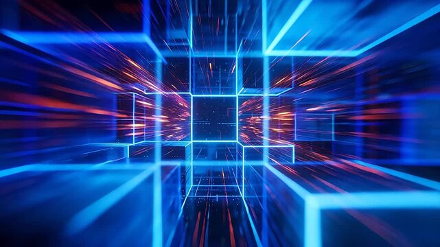 Blue glowing cubes with red lines in digital matrix space