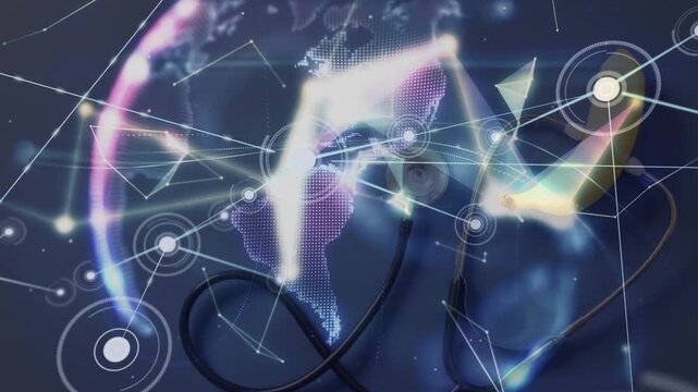 Animation of network of connections with icons over stethoscope