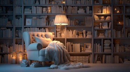 Cozy reading nook with armchair lamp and bookshelf interior design