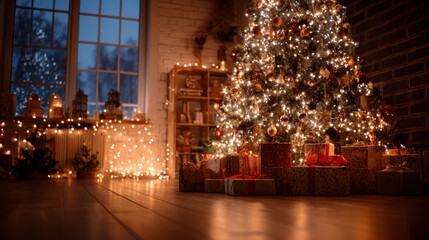 Decorated christmas tree with gifts in a cozy interior with soft lighting