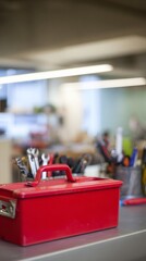 toolbox. Household toolbox in focus with blurred professional instruments behind. safety posters, maintenance manuals, designed for industrial assembly lines and welding operations.
