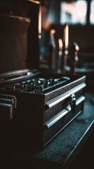 toolbox. Household toolbox in focus with blurred professional instruments behind. safety posters, maintenance manuals, designed for industrial assembly lines and welding operations.

