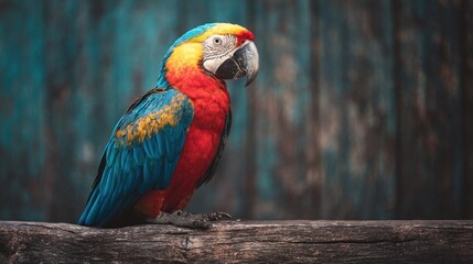 Colorful parrot perched on a wooden surface against a blurred background
