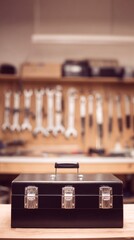 toolbox. Household toolbox in focus with blurred professional instruments behind. safety posters, maintenance manuals, designed for industrial assembly lines and welding operations.
