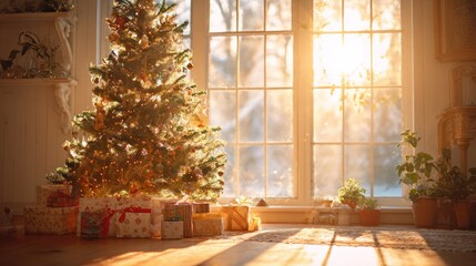 Decorated christmas tree with gifts and sunlight through window