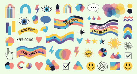 Naklejka premium Retro Aesthetic Sticker Set with Positive Quotes and Colorful Graphic Elements