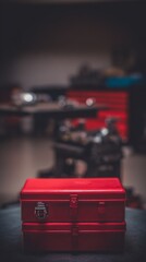 toolbox. Household toolbox in focus with blurred professional instruments behind. safety posters, maintenance manuals, designed for industrial assembly lines and welding operations.

