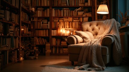 Cozy reading corner in a library with armchair and decorative lighting