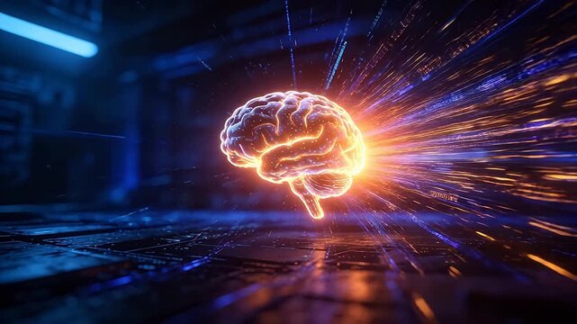 Digital brain with orange and blue data streams