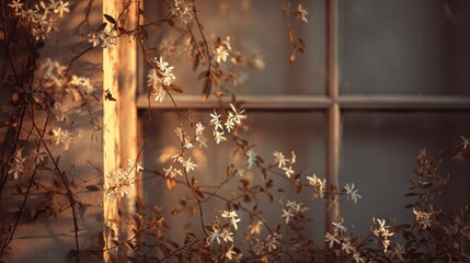 Delicate white flowers and vines near a window illuminated by sunlight