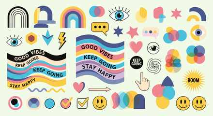 Retro Aesthetic Sticker Set with Positive Quotes and Colorful Graphic Elements