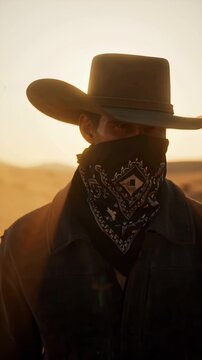 Cinematic 4K stock video, mysterious cowboy wide-brimmed hat bandana, partially obscured face, emerging desert haze swirling sand dust, tumbleweed rolls sun low horizon long shadows, dramatic western