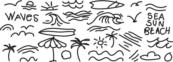 Fototapeta premium Summer beach and sea hand drawn doodle collection with palm trees waves and tropical elements.