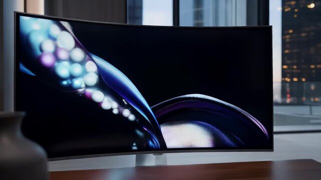 Cinematic shot of a curved OLED screen displaying abstract fluid art in silk-like textures, deep blacks and vibrant pearls, high-end interior setting.