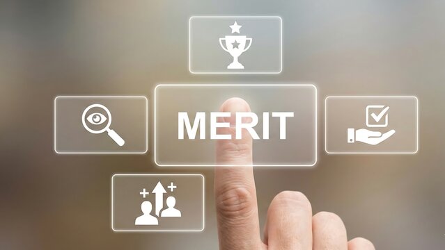Person using virtual touch screen presses the text MERIT. Merit Business and achievement concept. Demerit and merit evaluation,  business man hand holding business concept