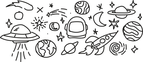 Outer space hand drawn doodle set with planets rocket ship ufo and stars. © Zobair SEO Expert 