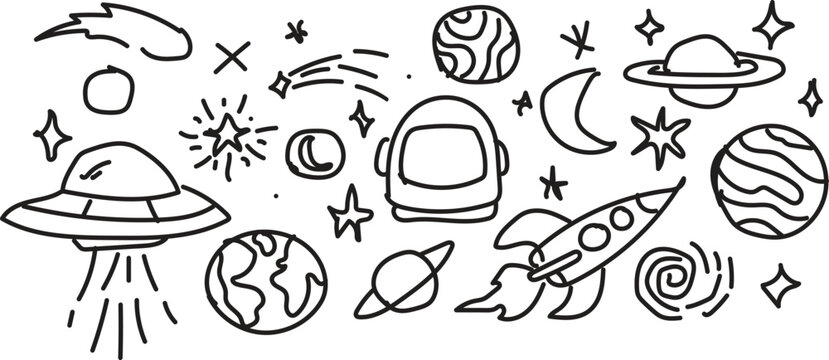 Outer space hand drawn doodle set with planets rocket ship ufo and stars.