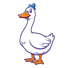 Obraz premium Duck cartoon bird hat illustration mascot on white background, cute farm animal character with orange beak and foot, simple outline art for child poster, playful friendly mood