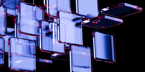 Abstract futuristic iridescent glass shapes with neon reflections glossy transparent panels and curved ribbons on dark tech background for UI web ads wallpaper 3d rendering © IM_VISUALS