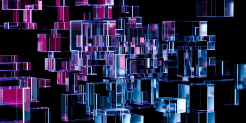 Modern glass cubes and rounded tiles with chrome edges violet cyan lighting minimal luxury technology background for branding app interface banners social media 3d rendering © IM_VISUALS