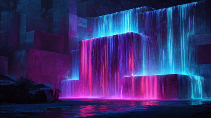 Neon waterfall glowing blue pink night cyberpunk landscape, cascading light over terraced rock into dark water, creating futuristic atmosphere with dreamy reflection and mist